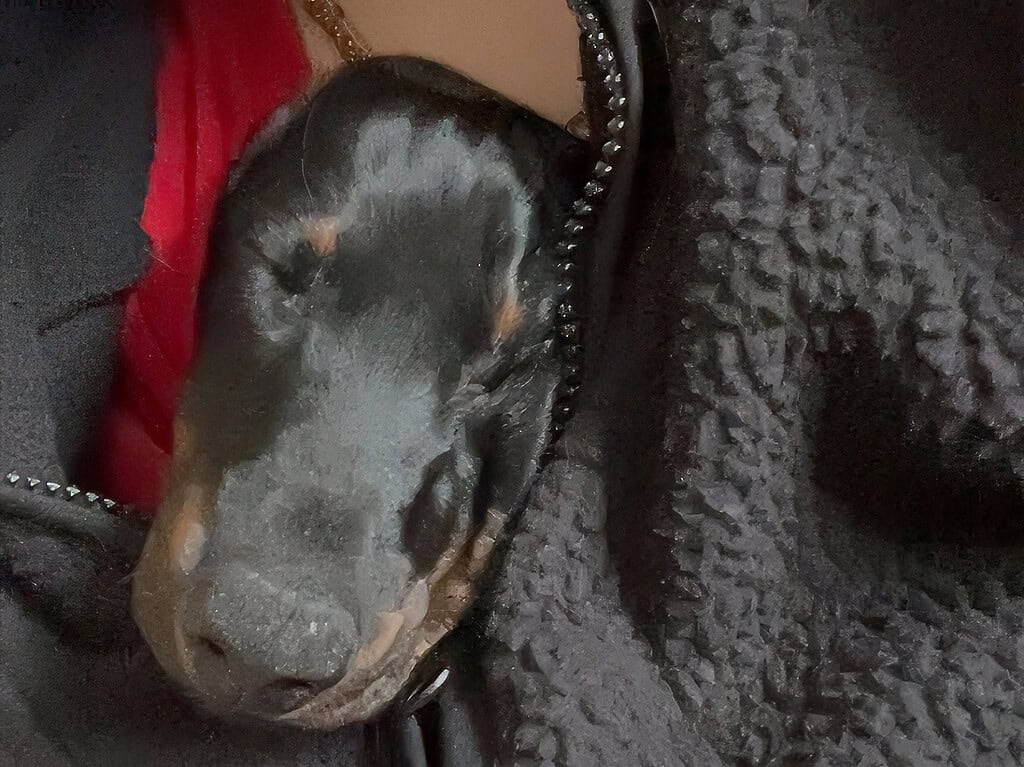 Ein kleiner schwarzer Dackelwelpe mit braunen Abzeichen schaut gemütlich eingekuschelt aus einer warmen, dunklen Jacke heraus.